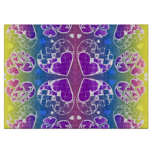 Lila, blaue, gelbe Herzmuster Schneidebrett (Vorderseite)