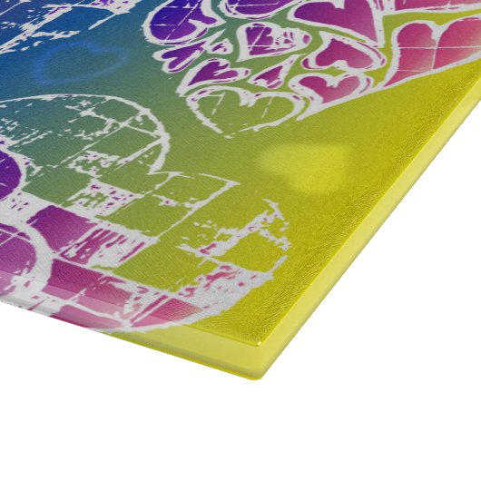 Lila, blaue, gelbe Herzmuster Schneidebrett (Ecke)