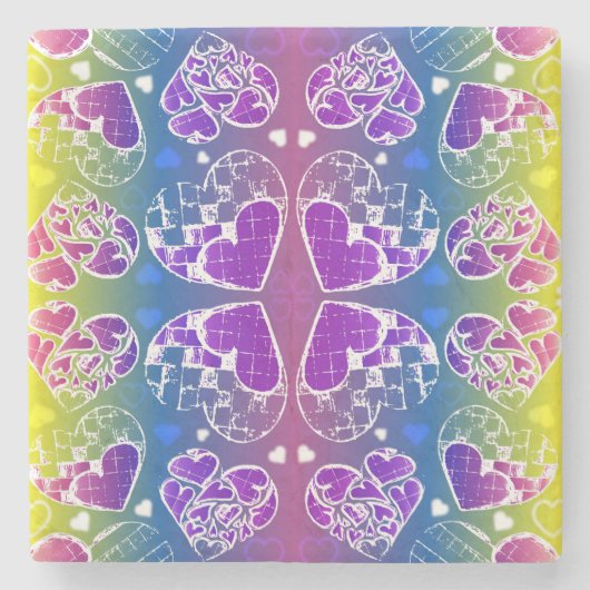 Lila, blaue, gelbe Herzmuster Steinuntersetzer (Vorderseite)