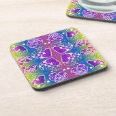 Lila, blaue, gelbe Herzmuster Untersetzer (Linke Seite)