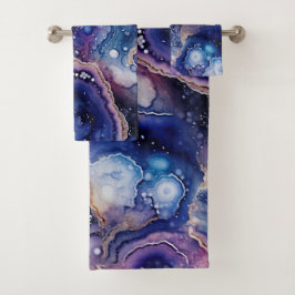 Lila Blaue Geode Abstract mit Blasenmineral Badhandtuch Set
