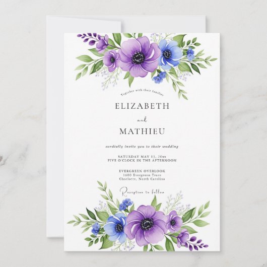 Lila Blaue Lebendige Anemonen Hochzeit Einladung (Vorderseite)