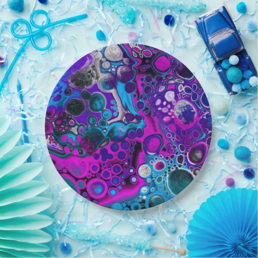 Lila, blaue, moderne Abstrakte Fluid Art Marmorzel Pappteller (Party)
