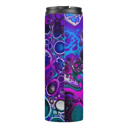 Lila, blaue, moderne Abstrakte Fluid Art Marmorzel Thermosbecher (Rückseite)