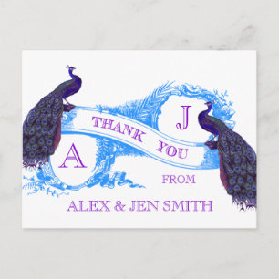 Lila, Blaue Pfau Hochzeit Danke Postkarte