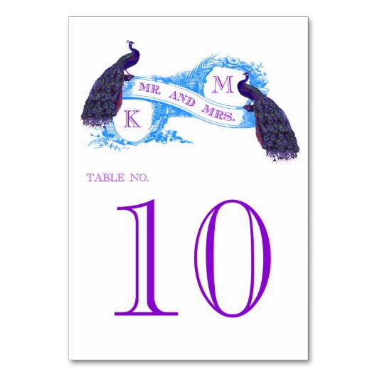 Lila, blaue Pfauenblütenhochzeit Tischnummer (Vorderseite)