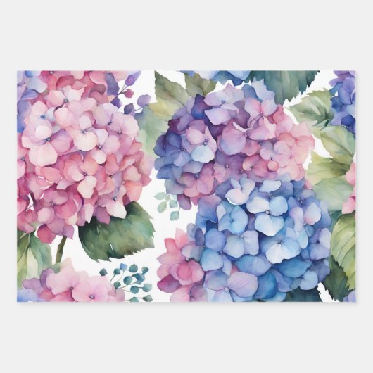 Lila, blaue, rosa Wasserfarbe Hydrangea-Blume Geschenkpapier Set (Vorderseite 2)
