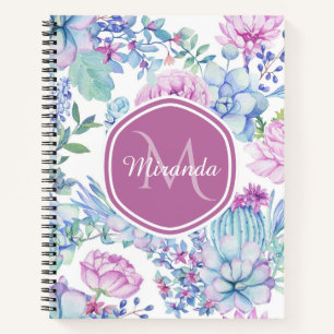 Lila Blaue Sukkulenten-Monogramm-Name Notizbuch