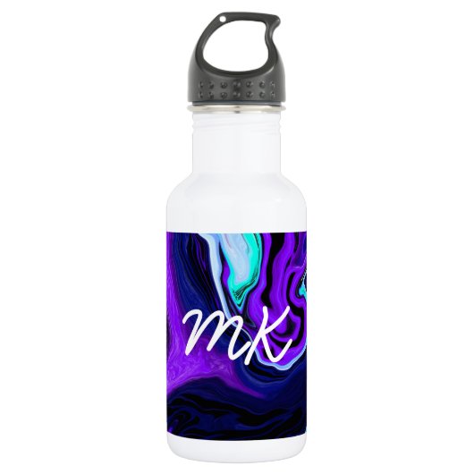Lila, blaue und Aquamarine Abstrakte Fluid Art Edelstahlflasche (Vorderseite)