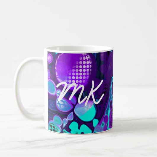 Lila, blaue und Aquamarine Abstrakte Fluid Art Kaffeetasse (Links)