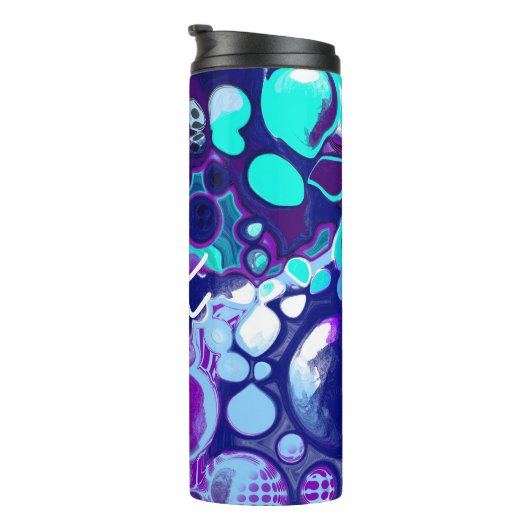 Lila, blaue und Aquamarine Abstrakte Fluid Art Thermosbecher (Nach rechts gedreht)