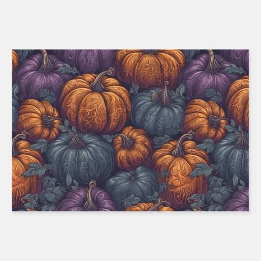 Lila, blaue und orangefarbene Pumpkins Geschenkpapier Set (Vorderseite)
