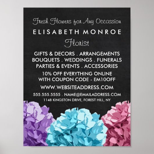 Lila, blaue und rosafarbene Hydrangea Chalkboard F Poster (Vorne)
