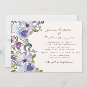 Lila-blaue Wasserfarben-Blumenhochzeit Einladung