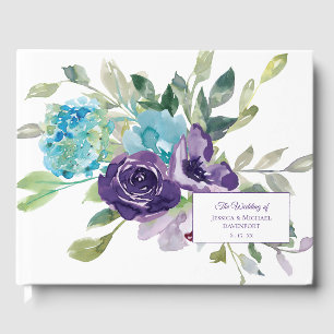 Lila Blaue Wasserfarben Florale Hochzeit Gästebuch