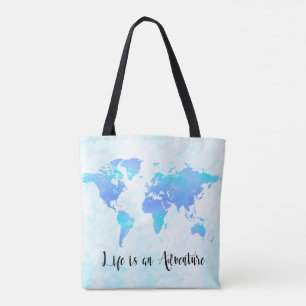 Lila & Blaue Weltkarte Leben ist ein Abenteuer Tasche