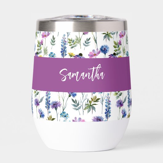 Lila Blaue Wildblumen-Wasserfarbe-Monogramm-Name (Vorderseite)