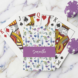 Lila Blaue Wildblumen-Wasserfarbe-Monogramm-Name Spielkarten