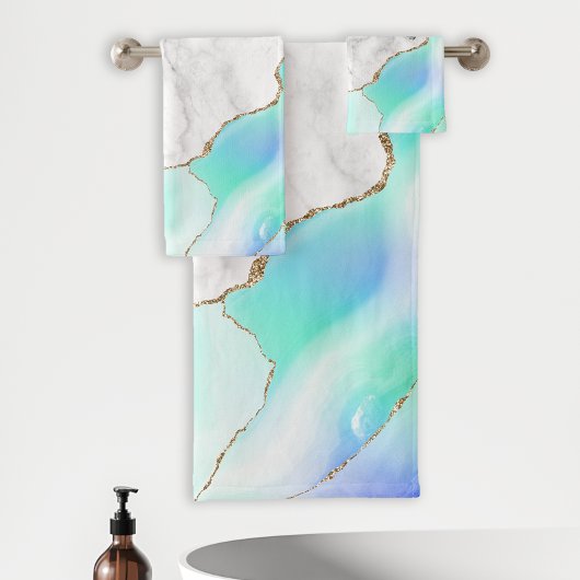 Lila , blauer Agate Gold Glitzer aus weißem Marmor Badhandtuch Set