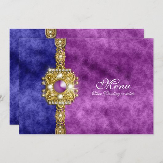 lila blauer bling Damast des Menüs Menükarte (Vorne/Hinten)