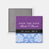 Lila blauer Damast-Save the Date Magnet (Vorderseite/Rückseite)