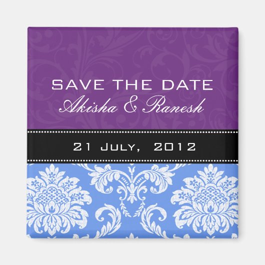 Lila blauer Damast-Save the Date Magnet (Vorne)
