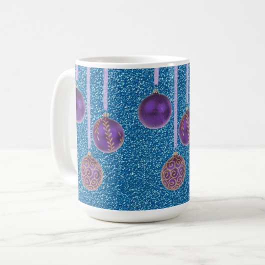 Lila blauer Glitzer Frohe Weihnachtsbaubles Tasse (Vorderseite Links)