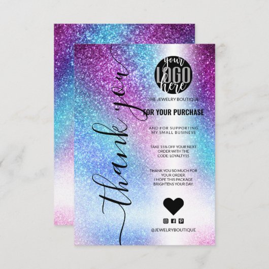 Lila Blauer Nebel Galaxy Glitzer Ordnung Vielen Da Dankeskarte (Vorne/Hinten)