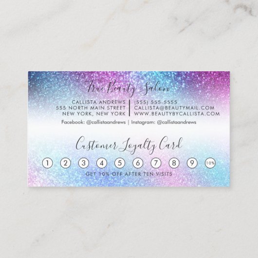 Lila Blauer Nebel Galaxy Glitzer Script Loyalität Treuekarte (Rückseite)