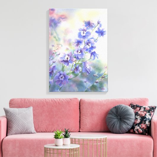 Lila Blaues Delphinium Blumendruck auf der Leinwan Leinwanddruck (Insitu (Wohnzimmer))