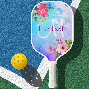 Lila blaues Floral Watercolor Chic Modernes Monogr Pickleball Schläger