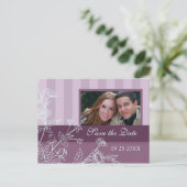 Lila blaues Foto Save the Date Hochzeitkarten Ankündigungspostkarte (Stehend Vorderseite)