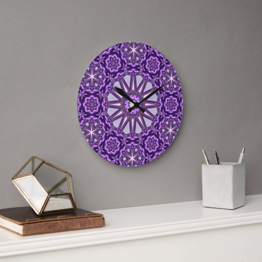 Lila Blaues Kaleidoskop Pinwheel Mandala Muster Große Wanduhr (Büro)