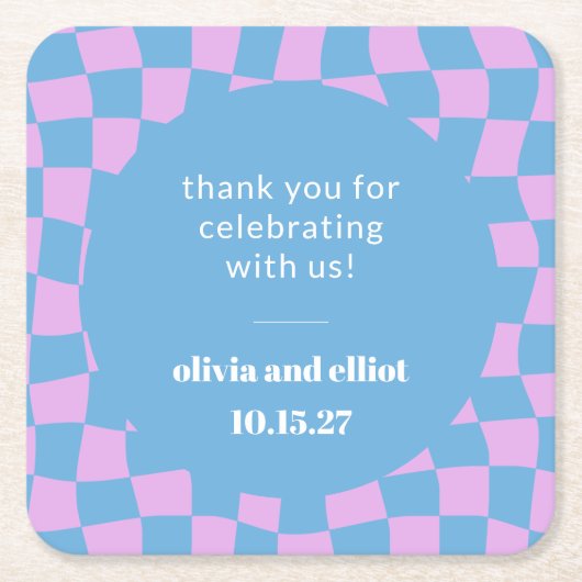 Lila blaues Schachbrettmuster im Retro-Bereich mit Rechteckiger Pappuntersetzer (Vorderseite)