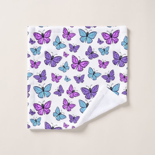 Lila, blaues und rosa Schmetterlingsmuster Badhandtuch Set (Waschlappen)