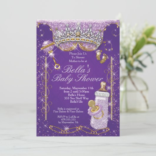 Lila Bling Glitzer Kinderdusche Einladungen (Stehend Vorderseite)