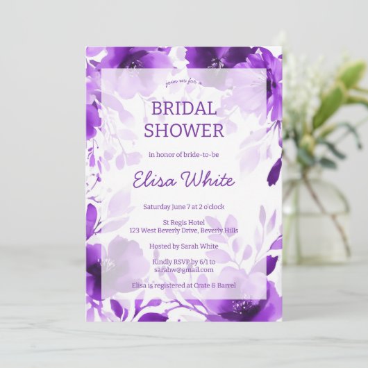 Lila Blogs Wasserfarbe Brautparty CUSTOM Einladung (Stehend Vorderseite)