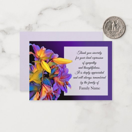 Lila Blomsterkort nach Beerdigung Danke Karten (Vorderseite/Rückseite Beispiel)