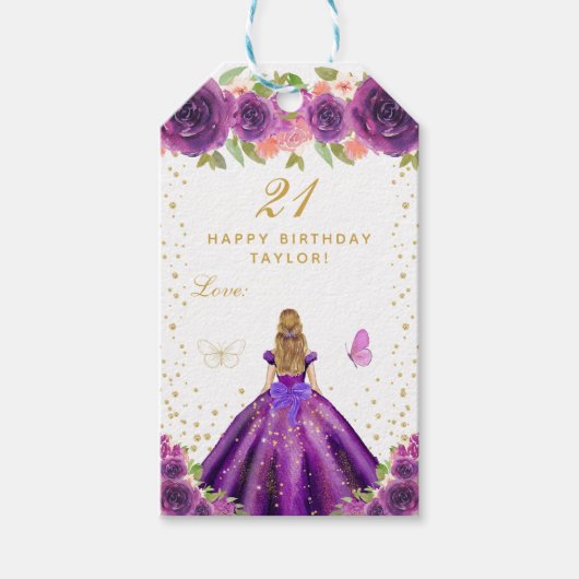 Lila Blonde Hair Girl Happy Birthday Geschenkanhänger (Vorderseite)