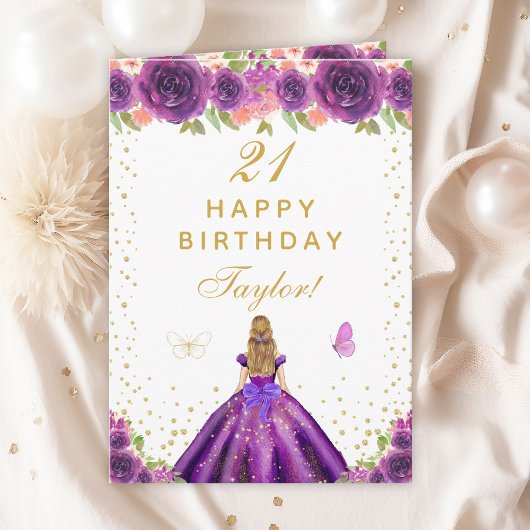 Lila Blonde Hair Girl Happy Birthday Karte