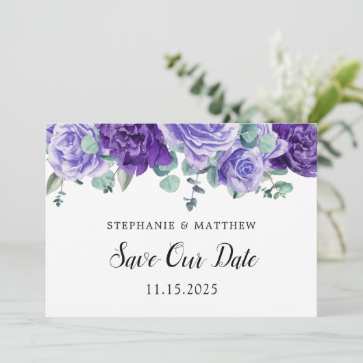 Lila Blooms Eukalyptus Botanische Hochzeit Save The Date (Stehend Vorderseite)