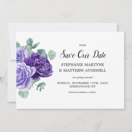 Lila Blooms Eukalyptus Botanische Hochzeit Save The Date (Rückseite)