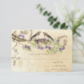 Lila Blooms Green Leaf Vintag Bird Wedding RSVP (Stehend Vorderseite)