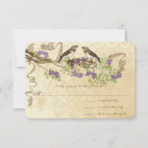 Lila Blooms Green Leaf Vintag Bird Wedding RSVP Karte