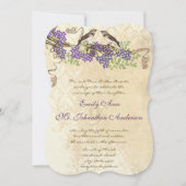 Lila Blooms Grüne Blätter Vintage Vogelhochzeiten Einladung (Vorderseite)