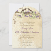 Lila Blooms Grüne Blätter Vintage Vogelhochzeiten Einladung (Vorderseite)