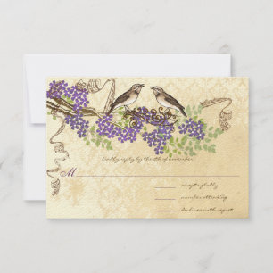 Lila Blooms Grüne Blätter Vintage Vogelhochzeiten RSVP Karte