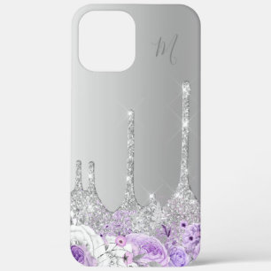 Lila Bloral-Silber-Glitzer-Tropfen Monogramm Case-Mate iPhone Hülle