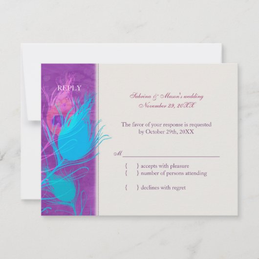 Lila Blue Aquamarin Peacock Wedding RSVP Card Karte (Vorderseite)