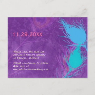 Lila Blue Aquamarin Peacock Wedding Save the Date Ankündigungspostkarte